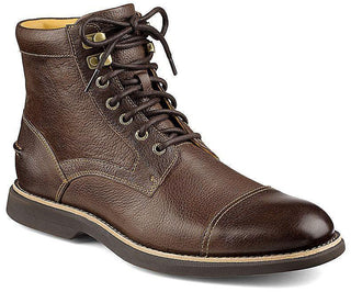 Brown leather men's cap toe lace-up boot with rugged sole and metal eyelets
