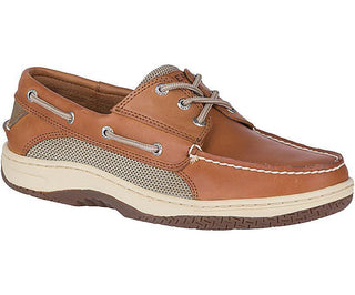 Men's brown leather boat shoe with mesh sides, white sole, and three eyelet laces