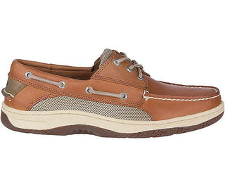 Men's brown leather boat shoe with mesh panel, white sole, and lace-up design