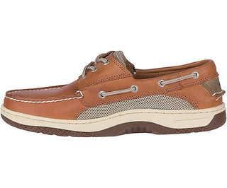 Men's brown leather boat shoe with mesh panels, white stitching, and rubber sole