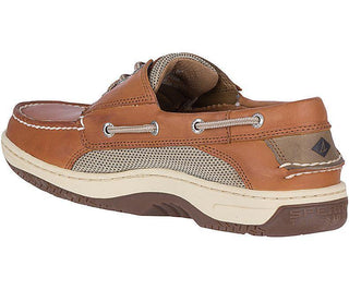Men's brown leather boat shoe with mesh panel, white stitching, and rubber sole