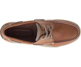 Men's brown leather Sperry boat shoe with mesh sides and white stitching, top view
