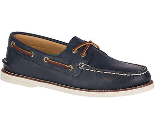Men's navy leather boat shoe with white sole and brown laces, classic nautical style