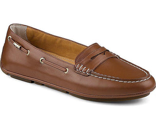 Women's cognac leather penny loafer driver with white stitching and moccasin details
